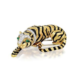 David Webb Diamond and Emerald Tiger Brooch
