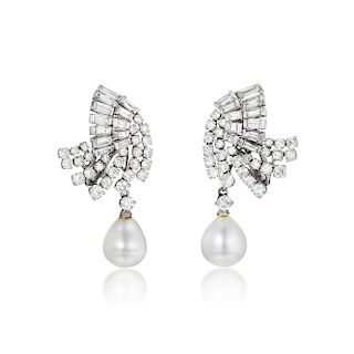 Ruser Diamond and Pearl Drop Earrings