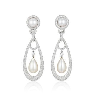A Pair of Diamond and Cultured Pearl Drop Earrings