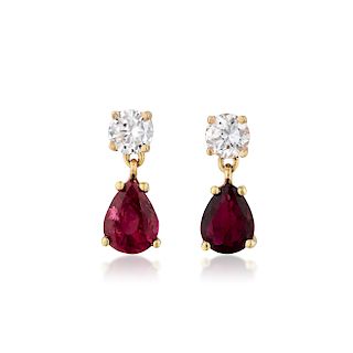 A Pair of Diamond and Ruby Drop Earrings