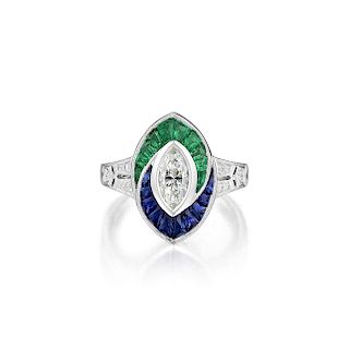 A Diamond Emerald and Sapphire Ring