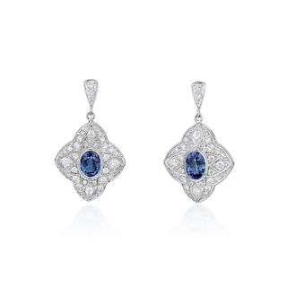 A Pair of Diamond and Sapphire Drop Earrings