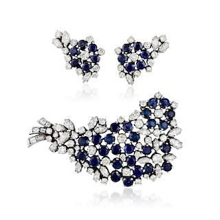 A Sapphire and Diamond Earclip and Brooch Set