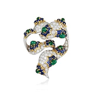 A Diamond Emerald Sapphire Ribbon Pin, French