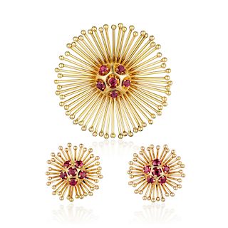 Cartier Ruby Brooch and Earclip Set, French