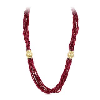 A Ruby Bead Necklace and Bracelet Set