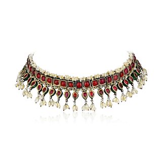 An Antique Kundan Ruby and Pearl Necklace