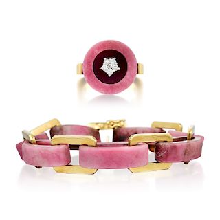 A Rhodonite Diamond Ring and Bracelet Set