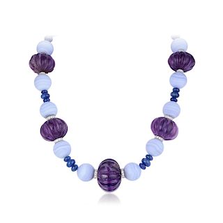 Fred Leighton Amethyst Chalcedony Sapphire Bead and Diamond Necklace