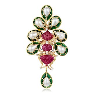 Tony Duquette Ruby Emerald Diamond and Cultured Pearl Brooch