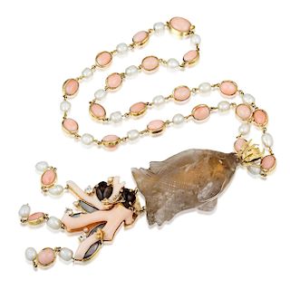 Tony Duquette Coral Cultured Pearl Quartz and Mother of Pearl Necklace