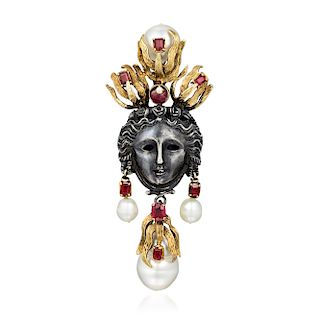 Tony Duquette Ruby Cultured Pearl and Diamond Mask Brooch