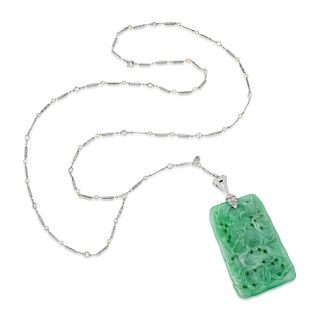 Art Deco Jade and Diamond Platinum Pendant Necklace