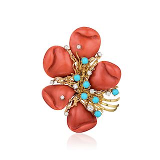 A Coral Turquoise and Diamond Brooch
