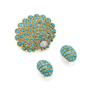 A Turquoise and Diamond Brooch and Earclip Set