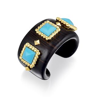 A Wood Cuff with Bakelite Turquoise and 18K Gold Ornaments