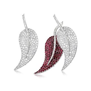 A Set of Ruby and Diamond Brooches, French