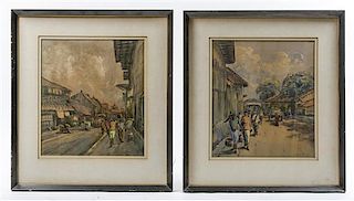 A Pair of Southeast Asian Watercolors, Height 10 3/4 x width 9 1/4 inches.