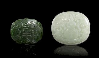 A Group of Two Jade Plaques from a Ruyi Scepter, Width of larger 3 7/8 inches.