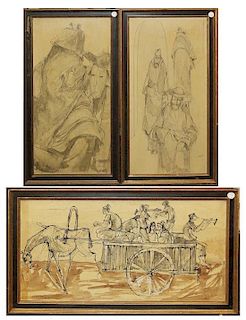 A Group of Three Asian Decorative Drawings, Height 30 x width 14 1/2 inches.