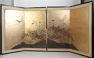 A Japanese Four Fold Screen, possibly Edo period, Height 34 x width 17 3/4 inches (each panel).