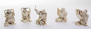 A Group of Five Carved Ivory Netsuke, Height of tallest 2 3/4 inches.