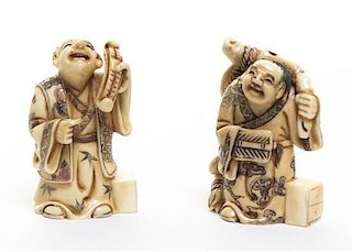 Two Carved Ivory Netsuke, Height of taller 2 1/4 inches.
