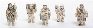 A Group of Five Carved Ivory Netsuke, Height 2 3/8 inches.