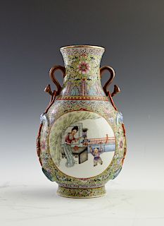Chinese Porcelain Famille Rose Baluster Vase, 20th c., the neck with applied bat, ribbon and medallion decoration, the two reserves of a woman and a c
