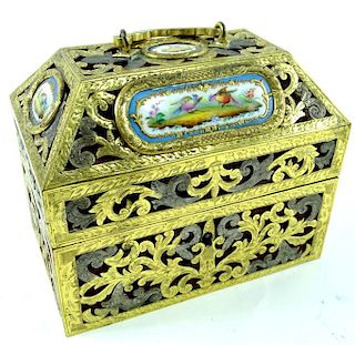Antique French Brass Porcelain Inlaid Sewing Box