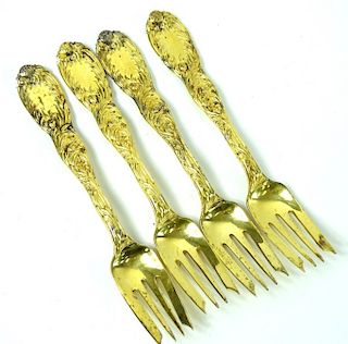 4 Tiffany & Co. Vermeil Chrysanthemum Gold Forks