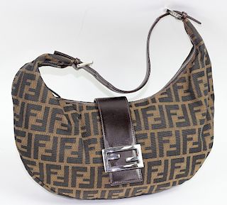 Fendi Nylon Monogram Stitch Leather Trim Hobo Bag