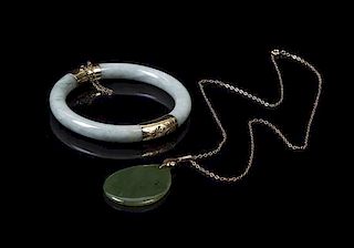 * Two Jade Jewelry Articles, Diameter of bangle interior 2 1/4 inches.