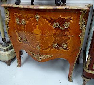 Antique French Marquetry Marble & Bronze Commode