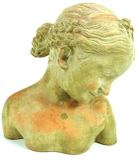 Antique French Terracotta Bust of A Young Girl