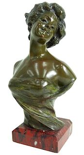 Signed Antique French Bronze Bust On Marble Base