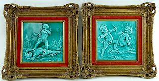 Framed Antique Minton Cherub Tile Plaques