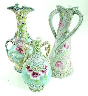 Three French Amphora Hand Painted Decorative Vases