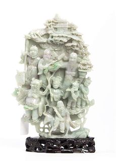 A Jadeite Carving of Daoist Immortals, Height 10 inches.