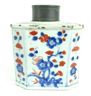 Chinese Hand Painted Porcelain Pewter Tea Caddy