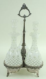 Antique Silver Plate Bohemian Glass Decanter Set