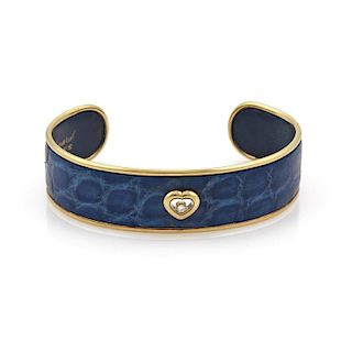 Diamond 18k Gold Heart Blue Leather Cuff Bracelet
