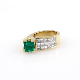 Estate 18K Gold Emerald Invisible Diamond Fashion