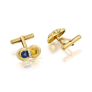 A Pair of 18K Gold Sapphire and Diamond Cufflinks, French