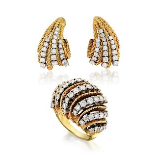 A Set of 18K Gold Diamond Earrings and Ring
