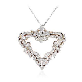 Edwardian Platinum-Topped 14K Gold Diamond Brooch/Pendant Necklace
