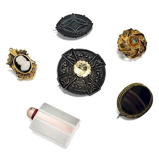 A Group of Brooches and perfume Bottle