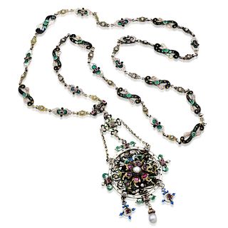 Antique Silver Diamond Pearl and Enamel Necklace