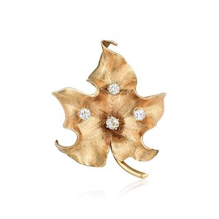A 14K Gold Diamond Leaf Brooch