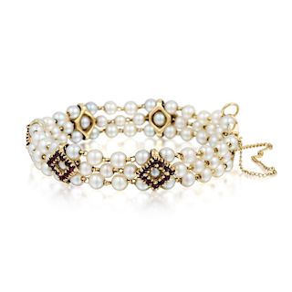 Lucien Piccard 14K Gold Cultured Pearl and Garnet Bracelet